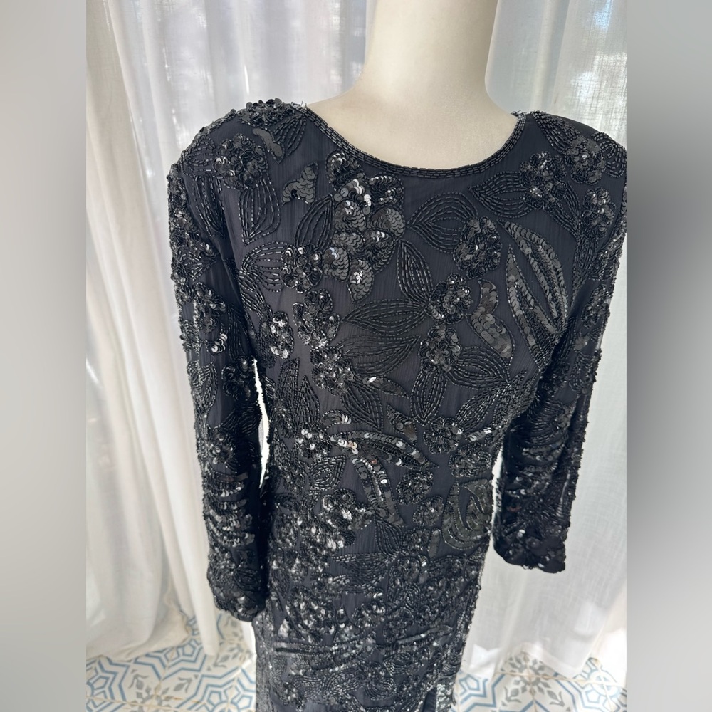 SWEEL O Vintage Black Beaded Sequin Cocktail Dress Long Sleeve Art Deco Midi - Picture 5 of 12